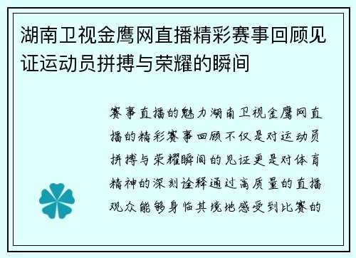 湖南卫视金鹰网直播精彩赛事回顾见证运动员拼搏与荣耀的瞬间